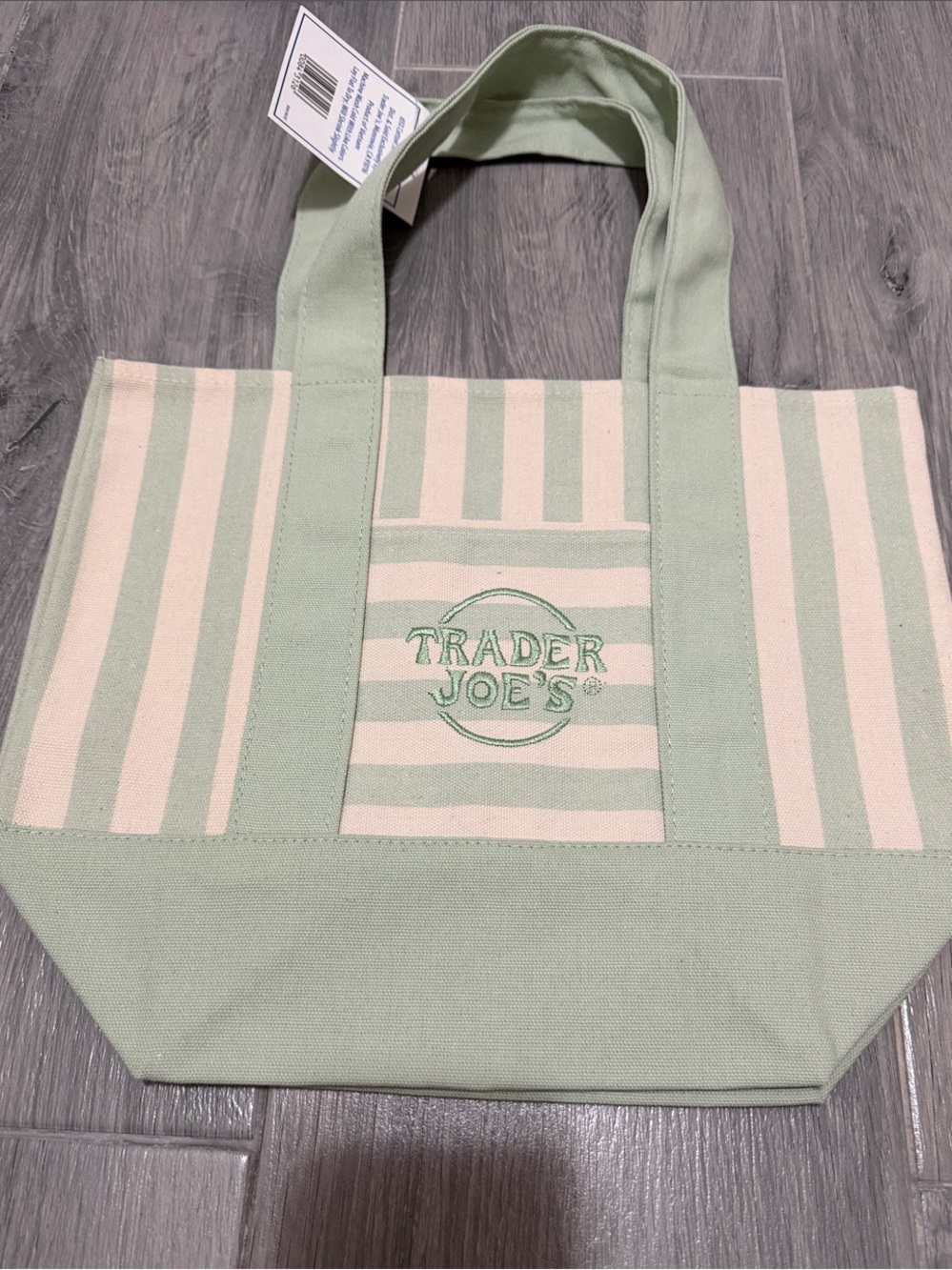Trader Joe's Mini (Mint Green & Cream) Striped Canvas Tote